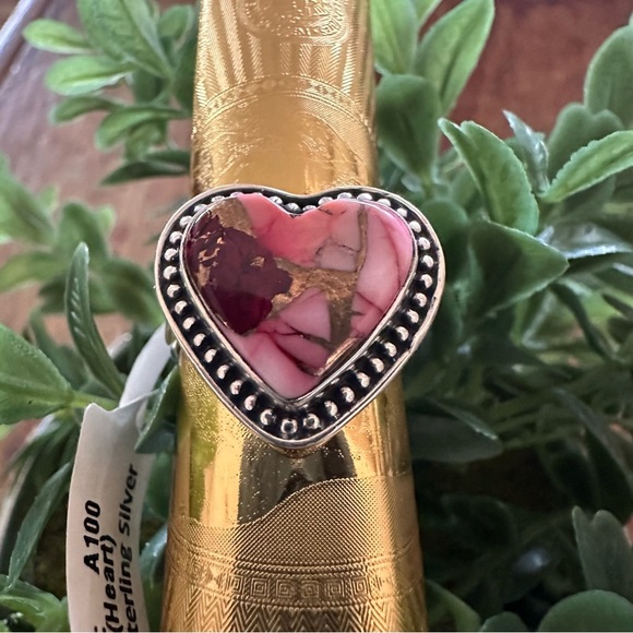 Sterling Silver Heart-Shaped Red Dahlia Pink, Red, & Gold Ring • Size: 9 - Picture 4 of 9